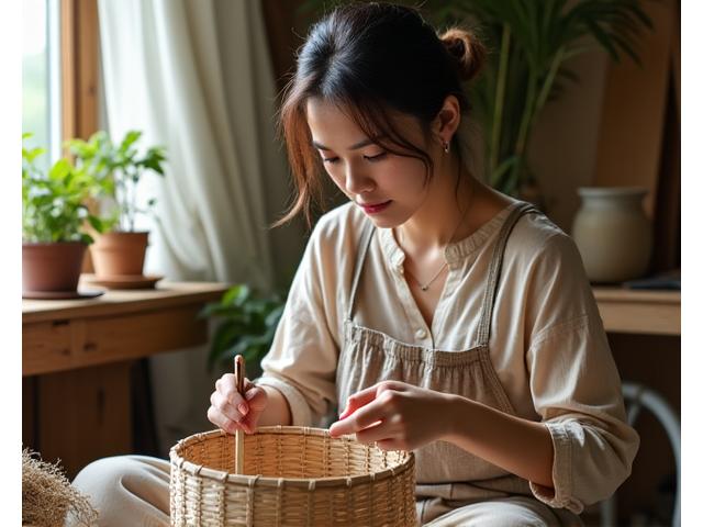 Founder carefully weaving a natural fiber basket in a sunlit studio.