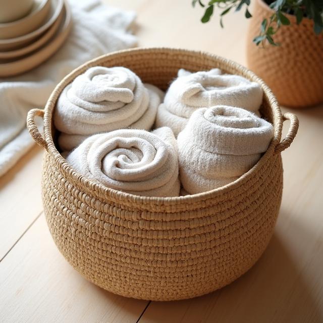 Hand-woven natural fiber storage basket filled with blankets