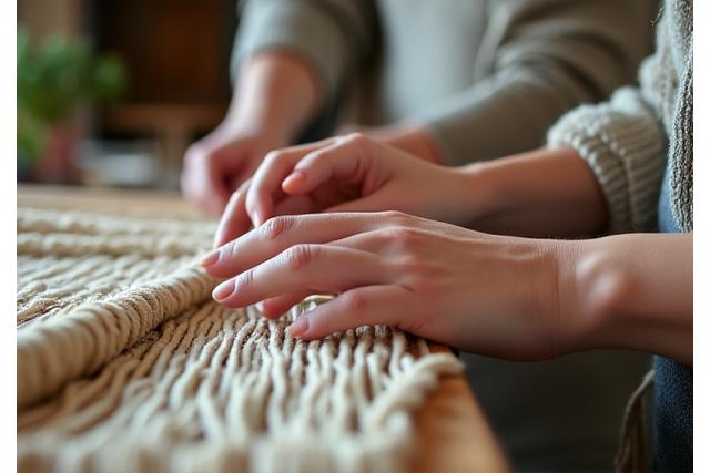 Close-up of hands weaving natural fibers during a workshop