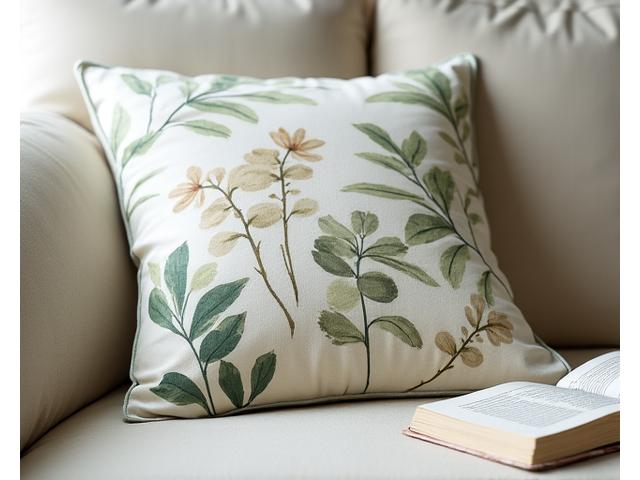 Botanical print textile cushion cover on a soft couch