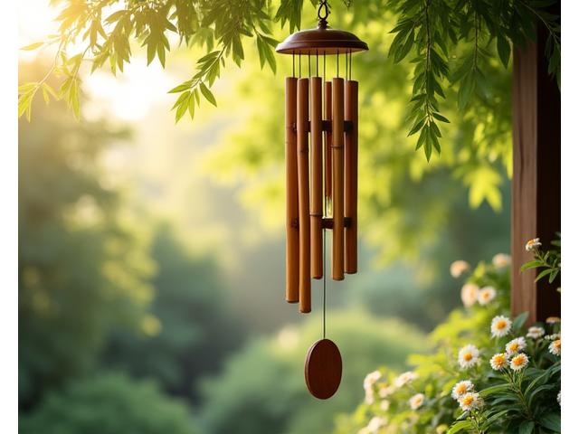 Handcrafted bamboo wind chime in a serene garden setting
