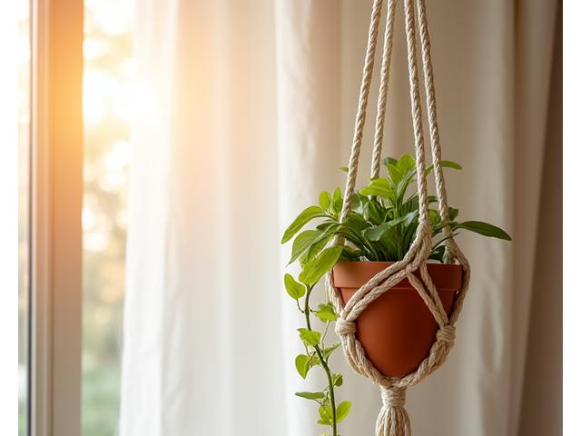 Bohemian style macramé plant hanger with terracotta pot