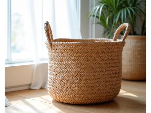 Artisan woven storage basket in natural fibers
