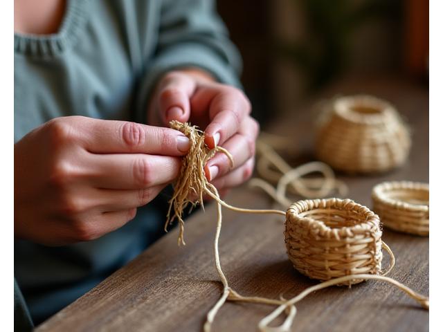Hands weaving a small natural fiber basket