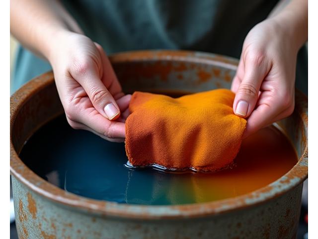 Close-up of fabric submerged in a natural dye bath, hands stirring