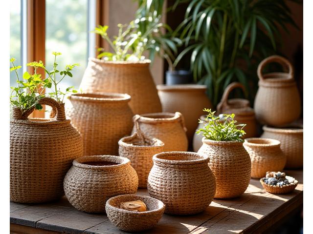 Array of beautifully finished hand-woven baskets in natural tones