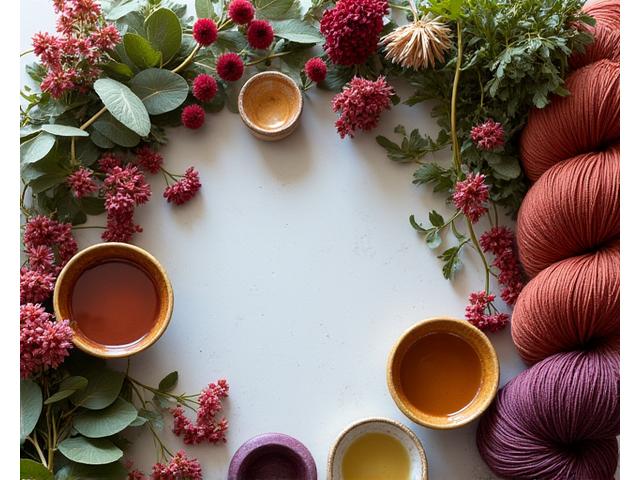Table laden with natural dyeing materials, various plant leaves and fabrics