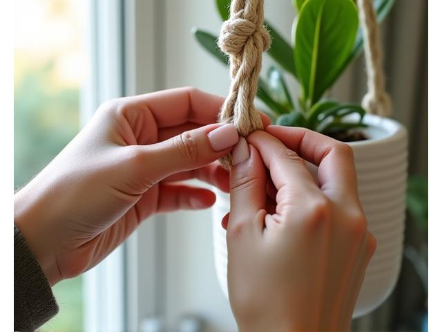 Hands weaving macrame plant hanger
